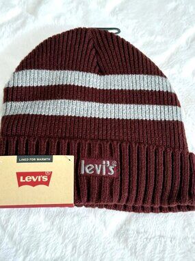 Levi's Men's Knit Hat Faux Fur Inside Burgundy Grey Stripe NWT